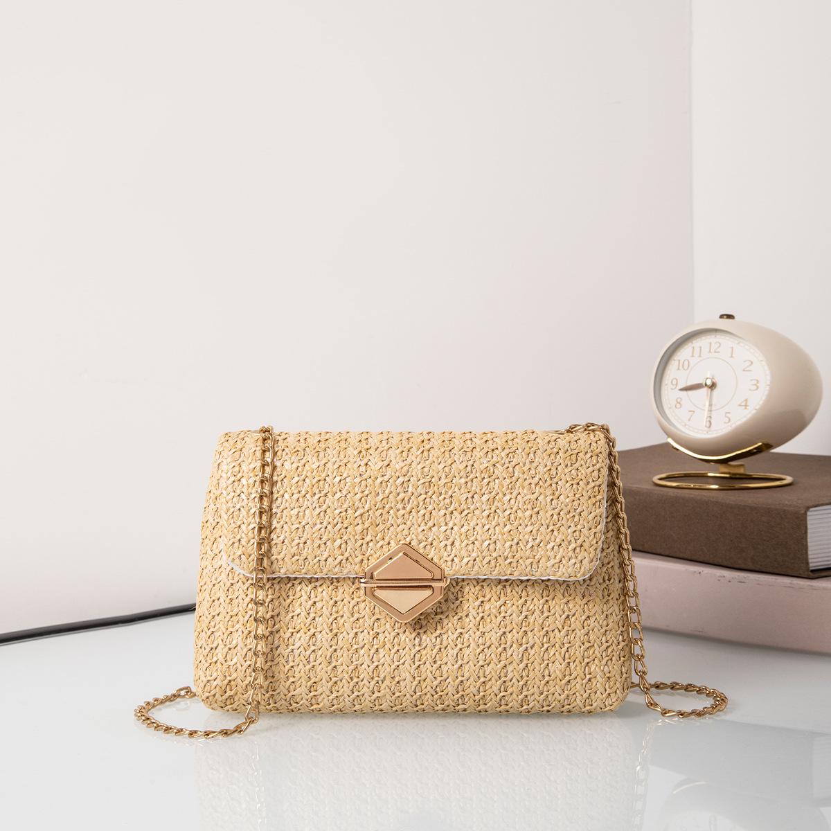 

Летний тренд 2024 года Женская соломенная сумка кроссбоди с ромбовым замком и цепочкой хаки