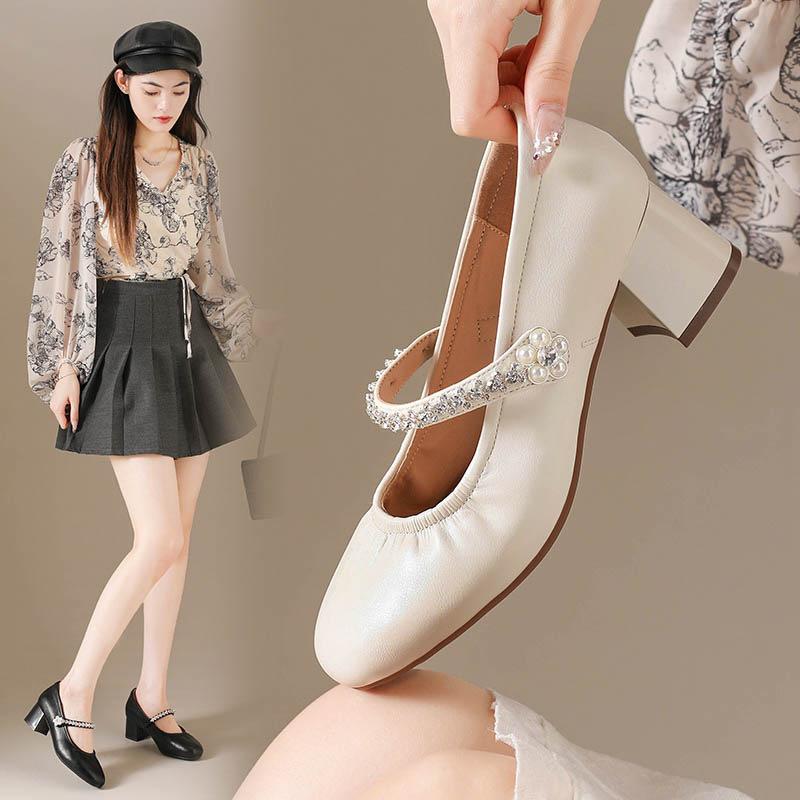 French sweetheart rhinestone word with Mary Jane shoes women's 2025 new light mouth thick heel single shoes with skirt high heels