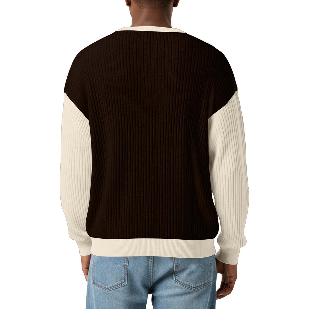 Men's Color,Blocked Stylish V,Neck Ribbed Textured Long,Sleeve T,Shirt