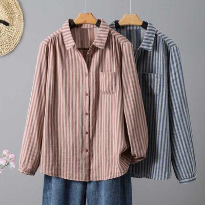 Striped Long Sleeved Shirt for Women Loose Slimming Autumn Outfit Artistic Casual Versatile Lapel Top Blouses & Shirts