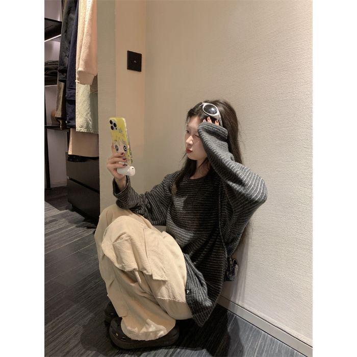 Women's Korean-Style Striped Loose Round Neck Pullover – Autumn/Winter Mid-Length Casual Top