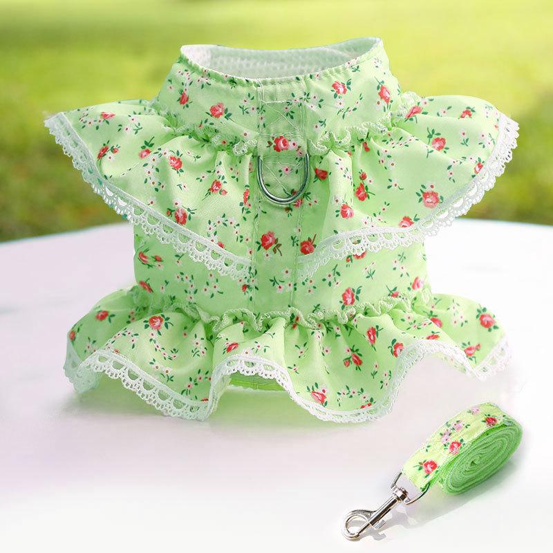 Dog Cat Harness Leash Set Adjustable Lace Floral Printed Pet Harness Vest Cute Dog Dress Pubby Mesh Cat Walking Lead