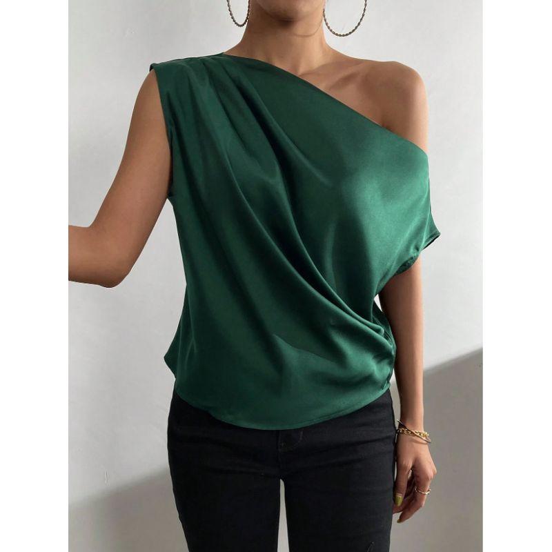 

Satin Shirt2025 Spring European and American Women Satin Artificial Silk Irregular Sloping Shoulder off-Neck Sleeveless Shirts Dark green M