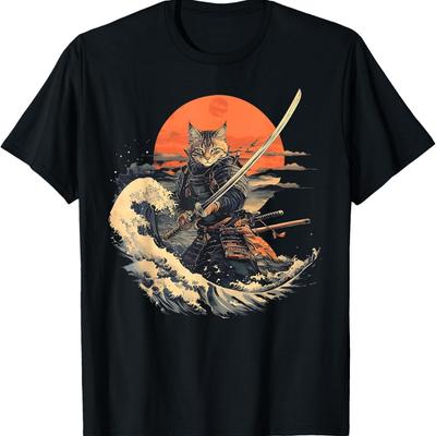 Samurai Cat Graphic Tee Warrior Vintage Japanese Art Anime T-Shirt for Men Women Girls Kids