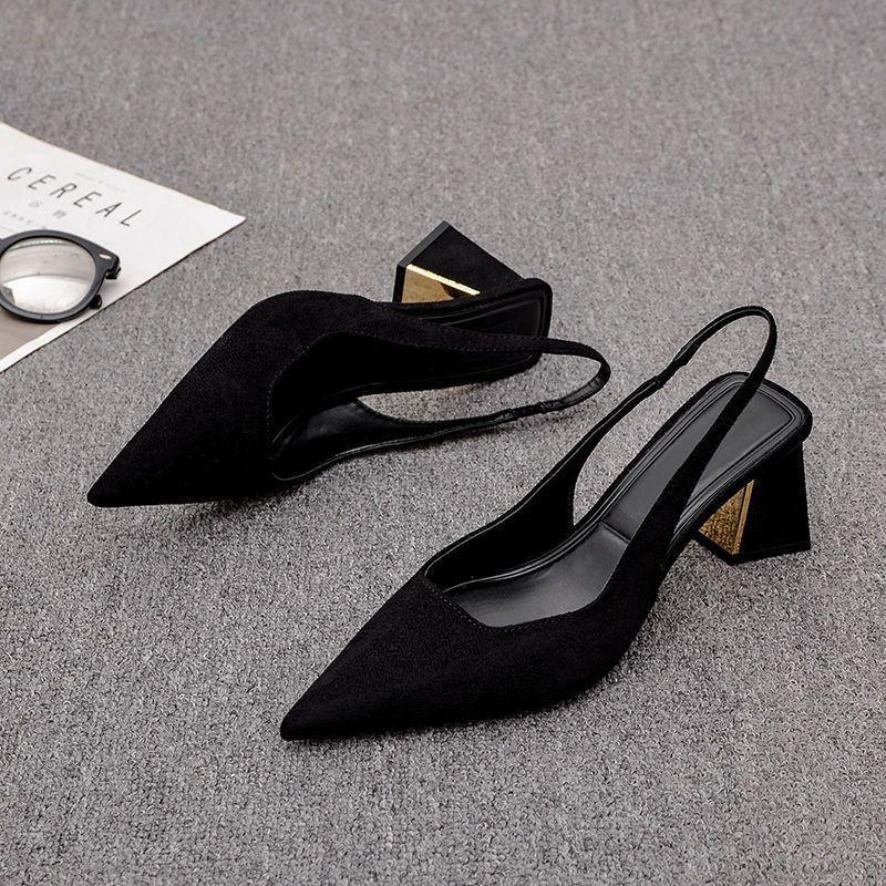 2025 summer fashion sandals new black bag head sandals women's pointed thick heel high heels women's fashion versatile temperament