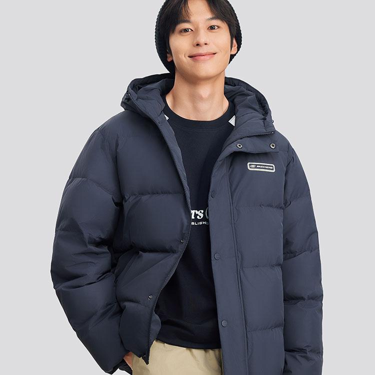 Skechers Windproof Waterproof Oil-Resistant Teflon Three-Proof Warm Duck Down Hooded Jacket Unisex Jacket Odyssey-Gray L324U154-026R