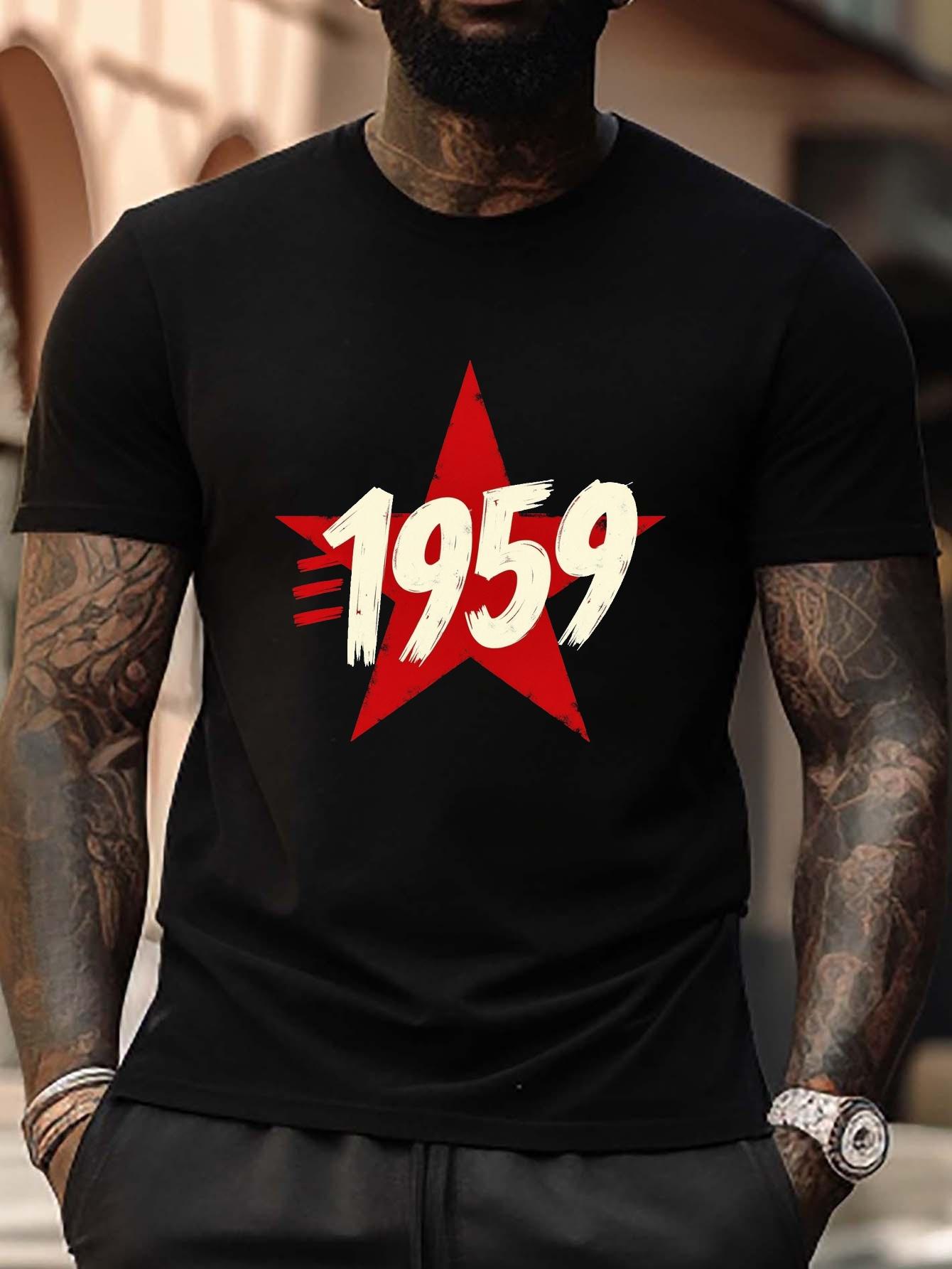 

1959 Red Star Graphic Plus Size T-shirt - Black Geometric Print Casual Short Sleeve Round Neck Summer Tee XXL