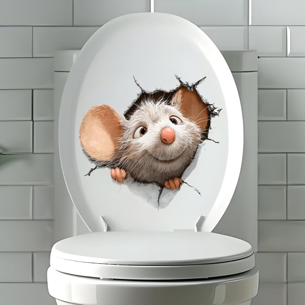 3D Maus durch die Wand brechend Toilettenaufkleber, Selbstklebend Abnehmbar Lustige Badezimmerdekoration für Toilettensitz Wanddekoration