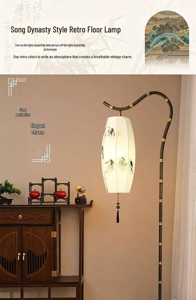 Retro Zen Bamboo Hand-Painted Floor Lamp for Living Room, Study, or Bedroom - Iron Art, New Chinese Antique Style