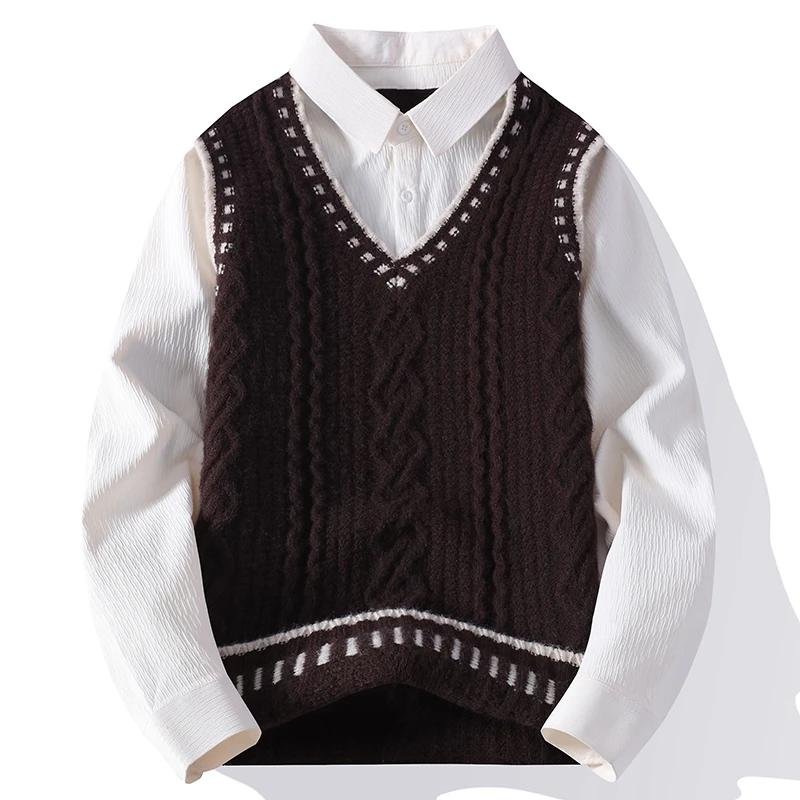 

Осенняя мода Свитер с отложным воротником Мужской Молодежная жизненная сила Вязаные пуловеры Мужские Лоскутный Свободный Повседневный Вязаный свитер 4XL кофейный