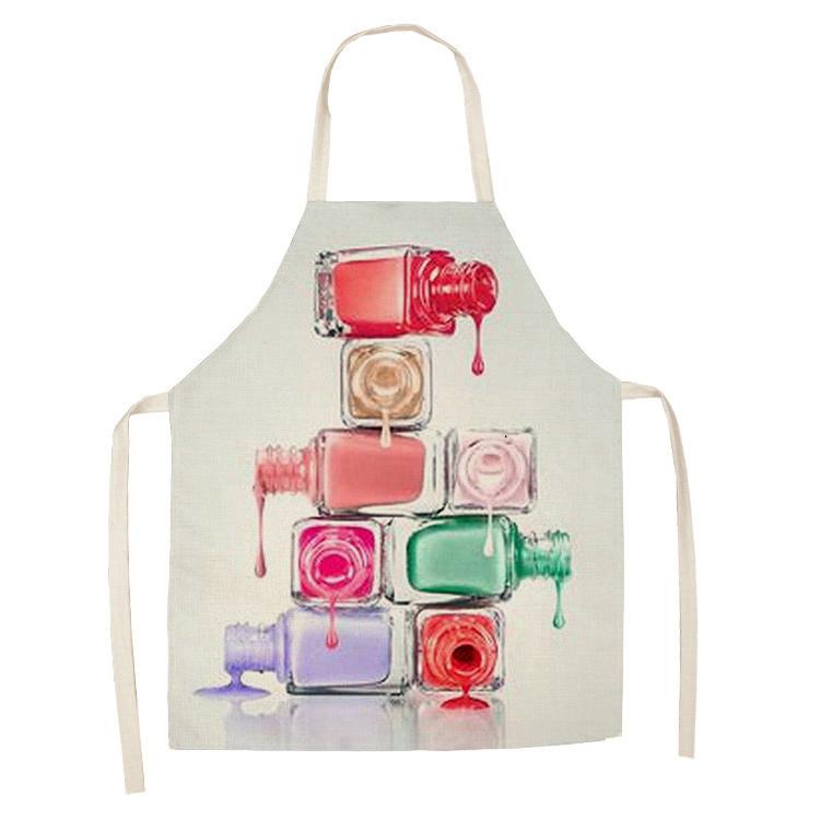 New Linen Colorful Nail Polish Cosmetics Theme Print Kitchen Aprons Unisex Dinner Party Cooking Bib Funny Cleaning Apron Barber