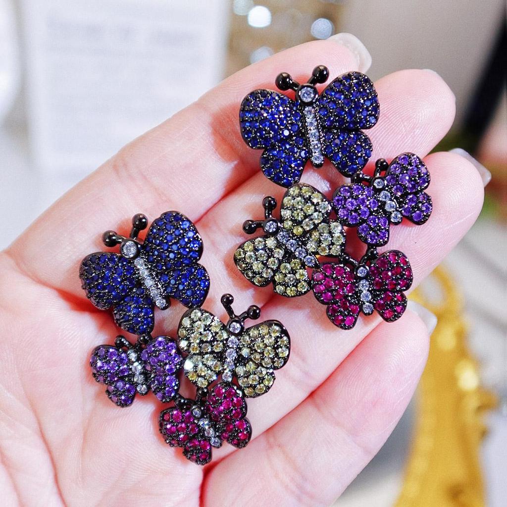 WWJ Creative Design Sense Flower Butterfly Retro Palace Style Micro-Inlaid Color Zircon Women's Party Drop Earrings
