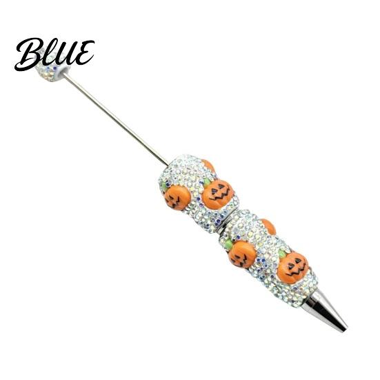 Rhinestone Writing Pen Beadable Pen Glitter Plastic Beaded Halloween Pumpkin Ghost Skull Smooth Gel Ink for DIY Craft Making School Office Supplies