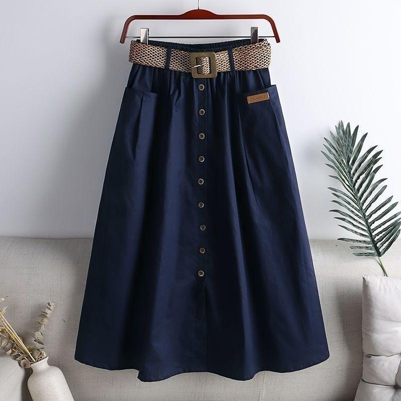 Women's Cotton Skirt Spring Summer Elasticated High-rise Skirt Split Midi A-line Skirt with Belt Pockets