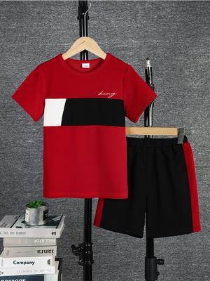 Summer Boys Casual Colorblock 3D Print Short Sleeve T-shirt Shorts Set