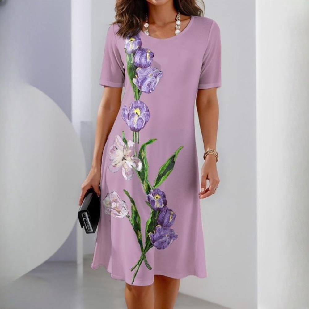 IHUASU Floral Print Fashion Casual Loose Women's Big Size O-Neck Dresses