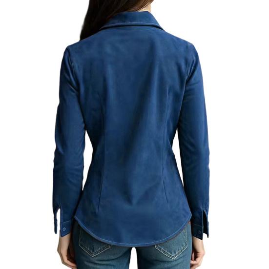 Women Shirt Lapel Long Sleeve Buttons Closure Slim Fit Shirt Suede Texture Retro Solid Color Casual Shirt Tops