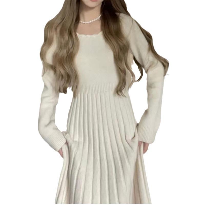 New autumn and winter women's knitted sweater long-sleeved with coat and bottom long dress dress