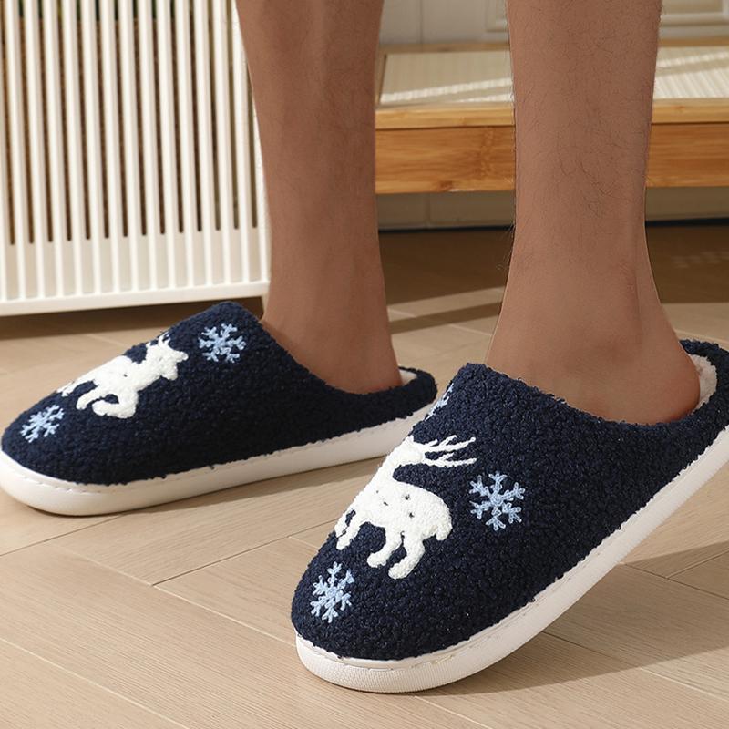 Fashion Cartoon Moose Cute Plush Indoor Slippers Women 2025 Winter Warm Fluffy Fur Couple's Christmas Slippers Soft Flat Heel Slides