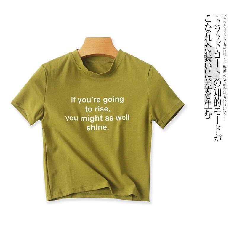 

Короткая футболка из хлопка с надписью, летняя новинка, женская одежда, модная молодежная приталенная футболка с круглым вырезом, пуловер, с коротким рукавом, облегающая футболка 28480 Green B- 10-10-3 S