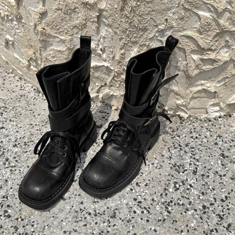 Autumn and Winter Large Tube Knight Boots Women's Leather Large Size Women's Boots Sleeve Solid Color Cowhide Rubber Sole Versatile Medium Tub