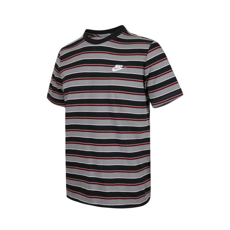 Nike Club T Shirts Men's Gray Black Stripes Crew Neck Moderate HJ0551-011