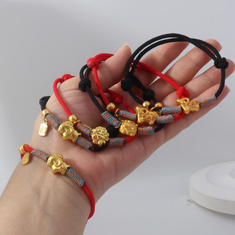 Adjustable Zodiac Goat Braided Bracelet Gold Plated Charm  Braided Rope Bracelet  Chinese Style Beads Womens