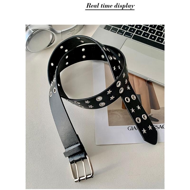 PU Leather Punk Waist Belt with Star Rivets And Double Buckles Holes For Daily Wear and Theme Occasion Dressingup Props