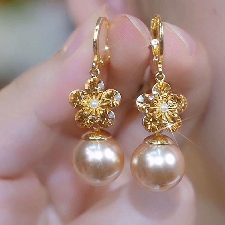 High-end fashion champagne zircon flower pearl ear buckle, elegant temperament versatile earrings earrings
