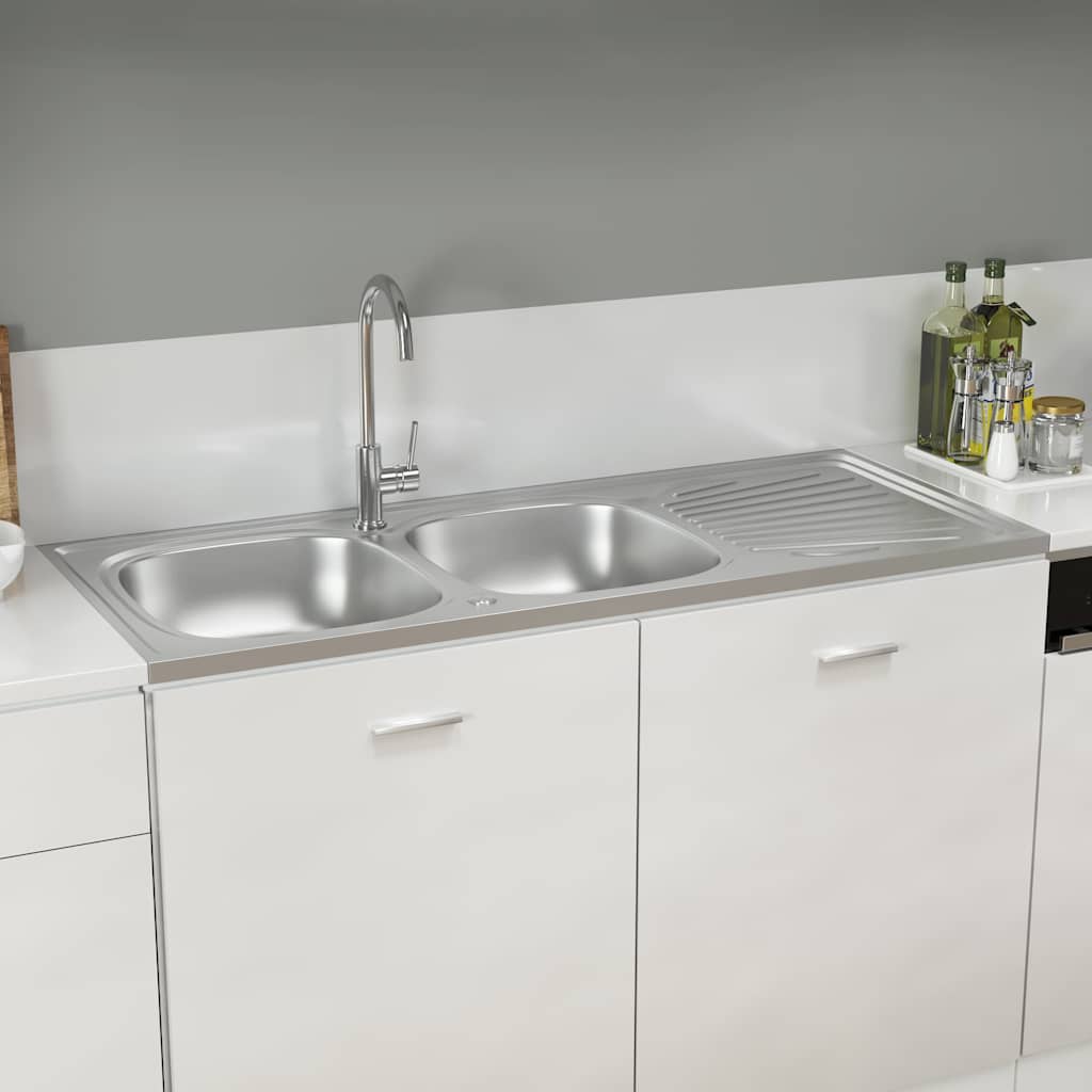 Vidaxl Double Bowl Kitchen Sink, Silver, 1200X600X155 Mm, Steel