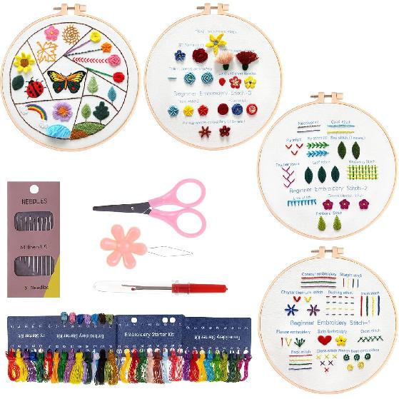 Embroidery Kit for Beginners 4 Sets, Embroidery Kit for Adult Practice Kit for Hand Craft Lover, Starters Cross Stitch Kits with Embroidery Cloth,