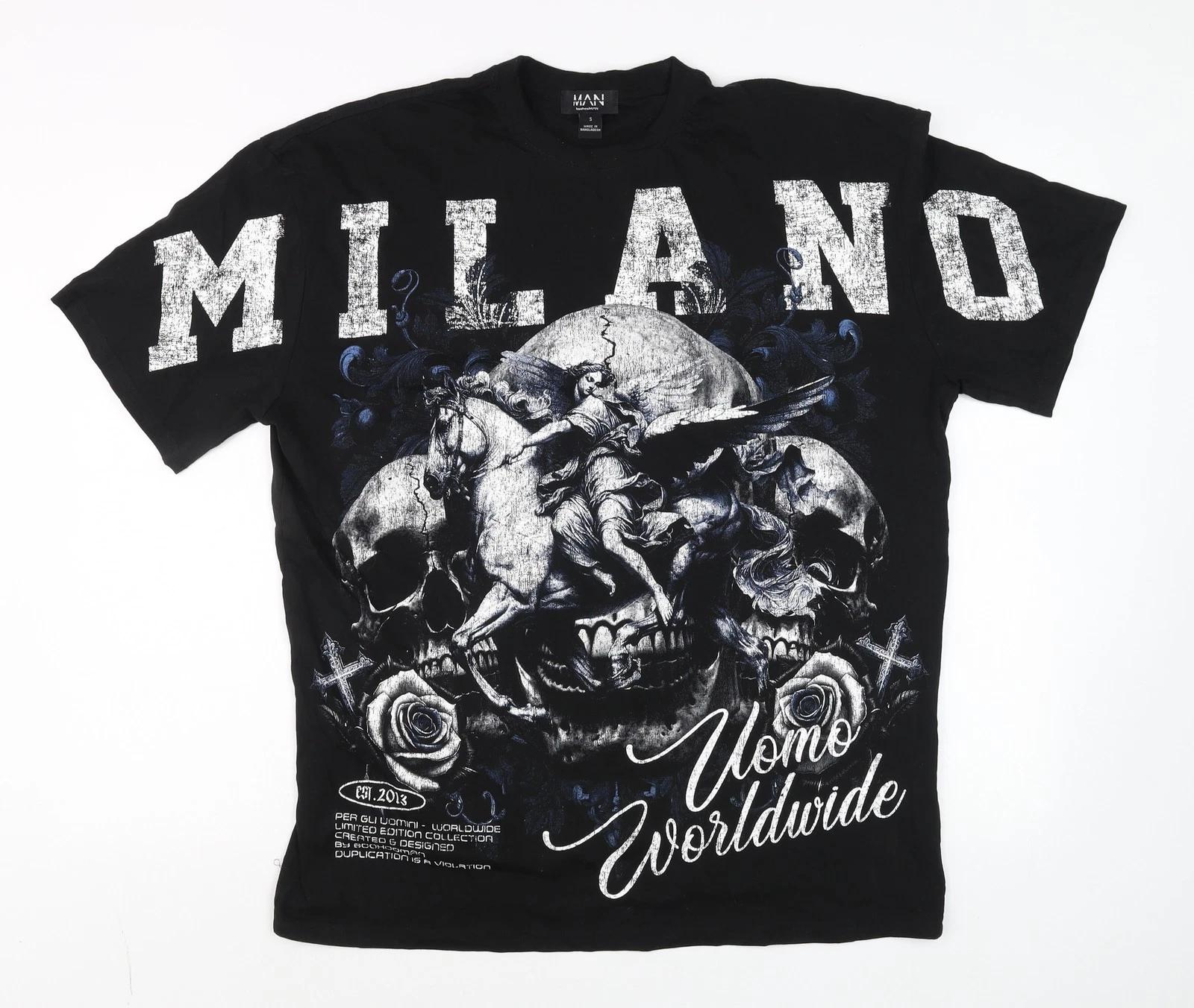 boohooMAN Men’s Black Milano Skull Graphic Short Sleeve T-Shirt Size S XL