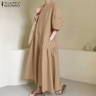 Damen Casual Rundhals Einfarbig 3/4 Ärmel Langes Kleid
