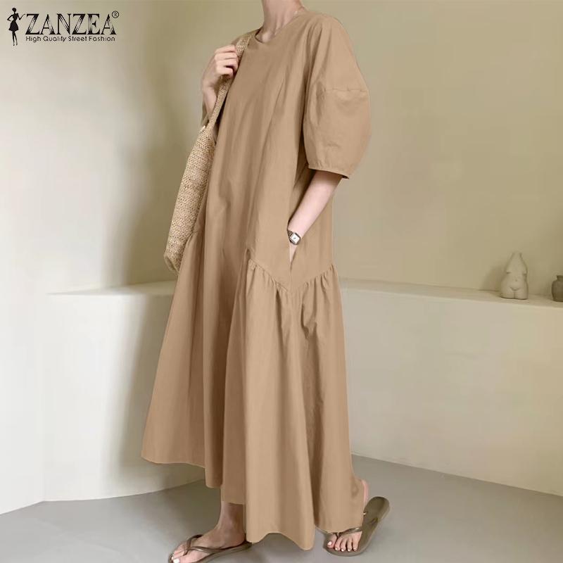ZANZEA Dámské ležérní šaty s kulatým výstřihem, jednobarevné, s 3/4 rukávy, dlouhé