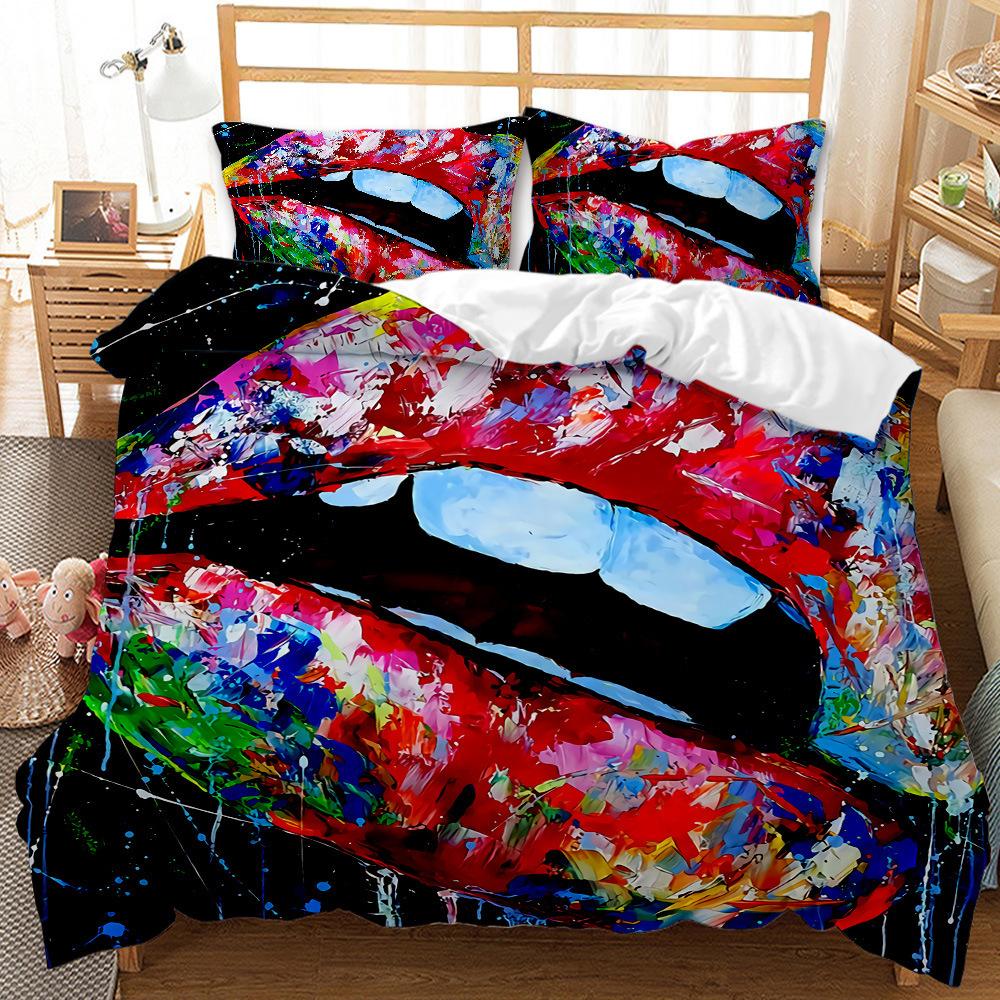 Sexy Lips Three-Piece 3D Digital Printing Ground Red Quilt Cover Bedding Kit