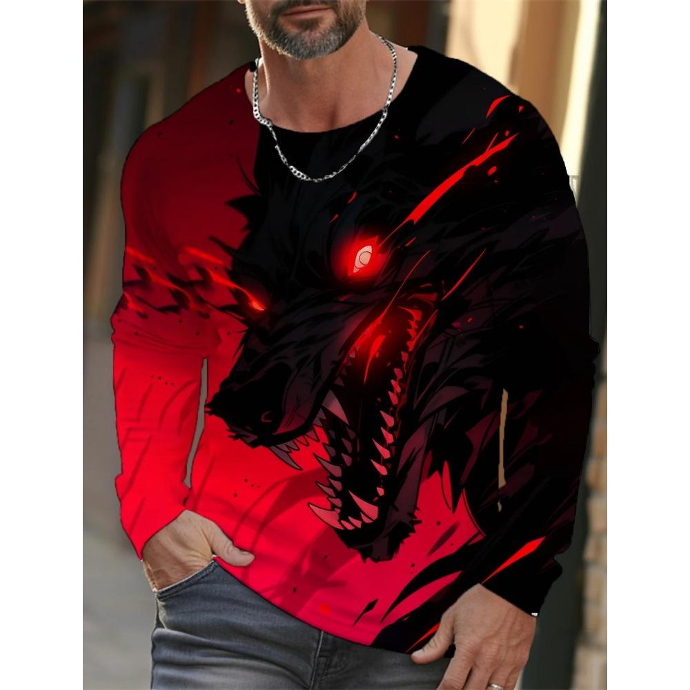 Spring and Autumn Round Neck Wolf Pattern 3D Ukiyoe Printed Top Fashionable Casual Long Sleeved Men's T-shirts