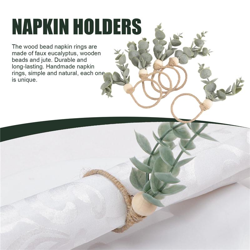 AEE2-Napkin Rings Rustic Eucalyptus Wooden Napkin Rings Boho Leaf Wood Bead Farmhouse Napkin Ring Holder
