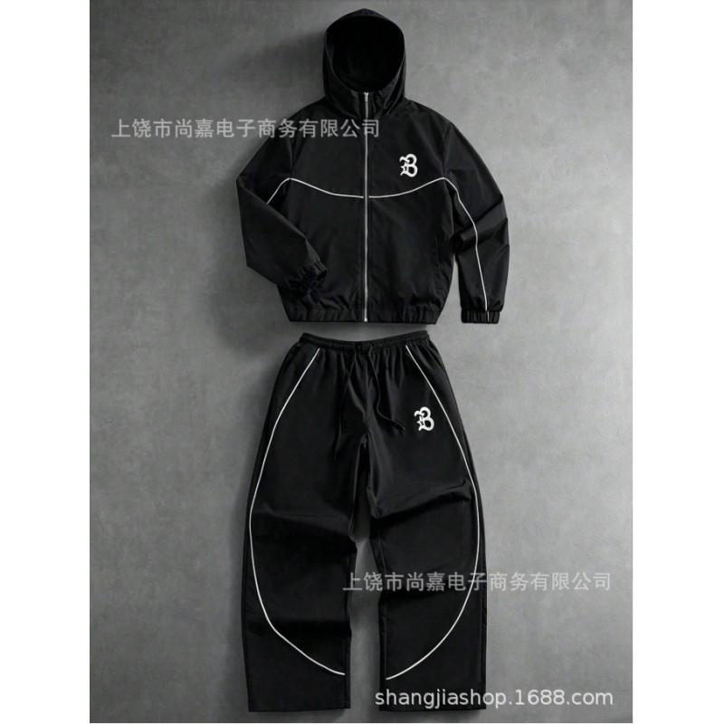 Mens Hooded Zip-Up Letter Print Tracksuit Set Casual Sportswear Lightweight Air Layer Fabric Fall