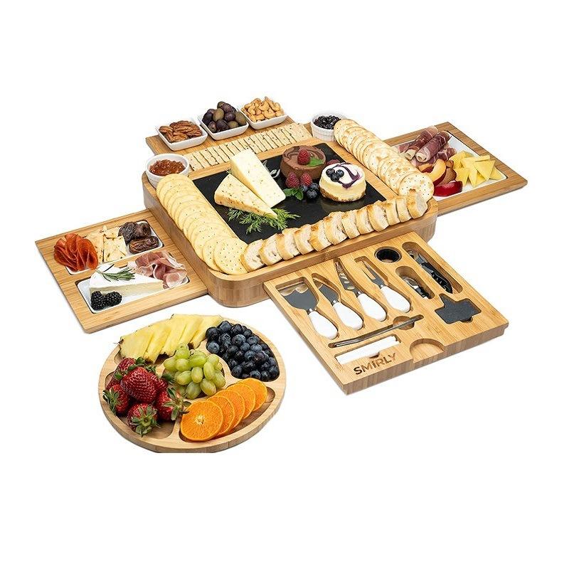 

Bamboo Cheese Board And Knife Set Large Charcuterie Board Unique Housewarming For Wedding For Party Food Tray Cheese Platter