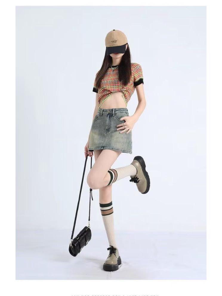2025 Summer High-Waisted Distressed Denim Skort with Anti-Exposure Feature
