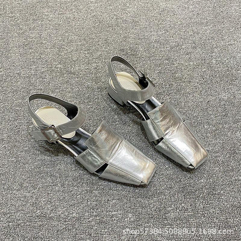 2025 new Summer Hollow Out Women Sandals Fashionable versatile Silver Chunky Pumps Luxury Design Buckle Strap Slingback Shoes