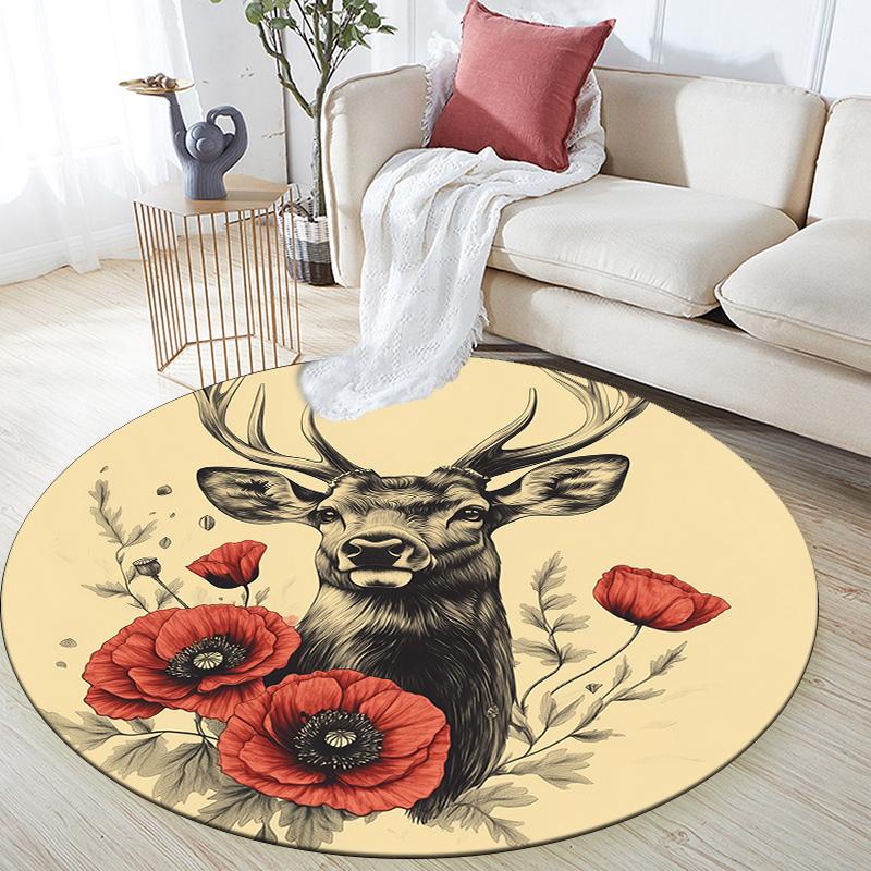 Deer Antler Flowers,Round Area Rug,Carpet Rug for Living Room Bedroom Sofa Playroom Decor,Non-slip Floor Mat