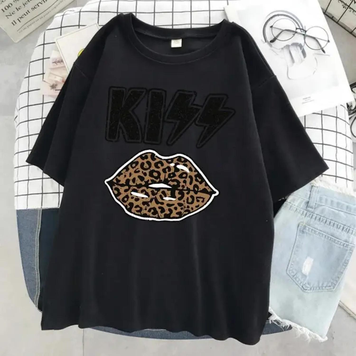 

Женская футболка Kiss S с леопардовым принтом на губах, оверсайз, хлопок, мягкая, прохладная, повседневная, дышащая, с коротким рукавом 1232 S чёрный