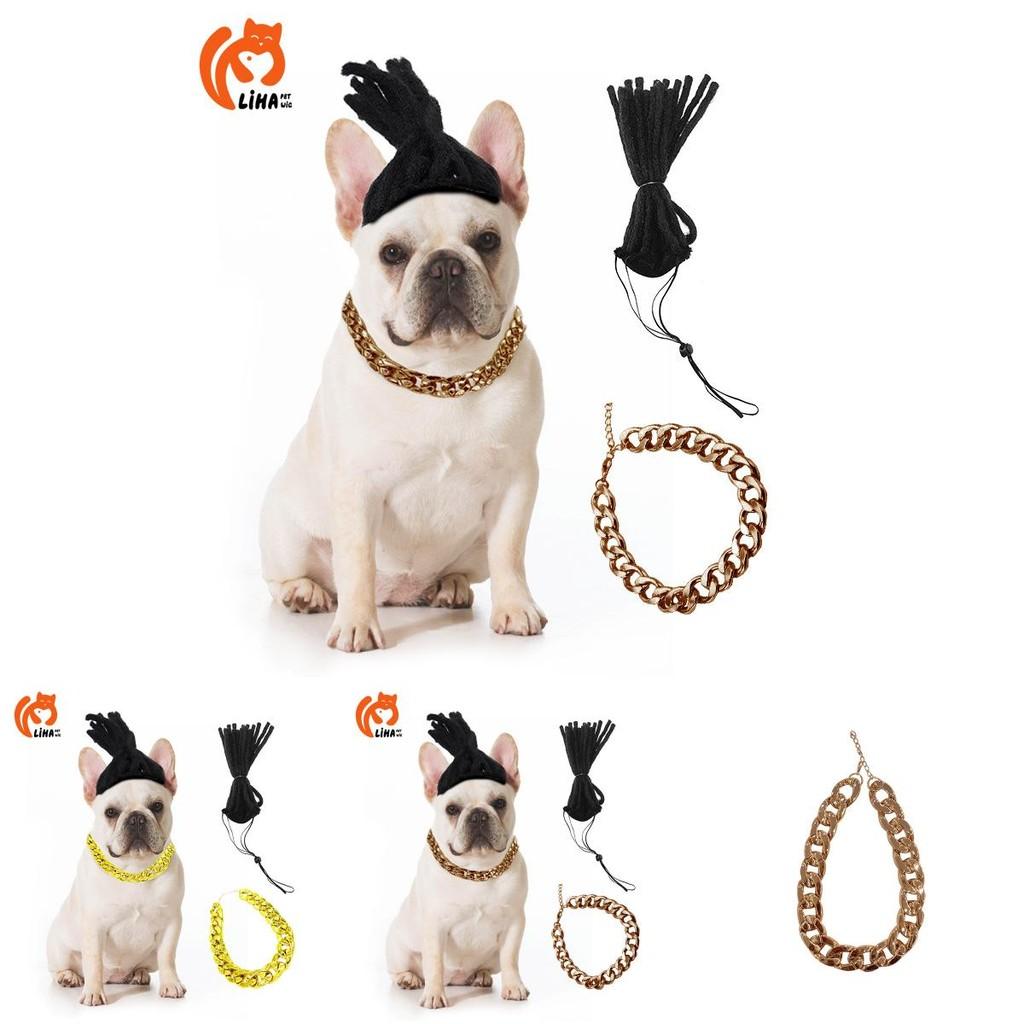 Stylish Pet Gold Chain Necklace With Funky Dog Dreadlock Wig Perfect For Halloween And Christmas Celebrations