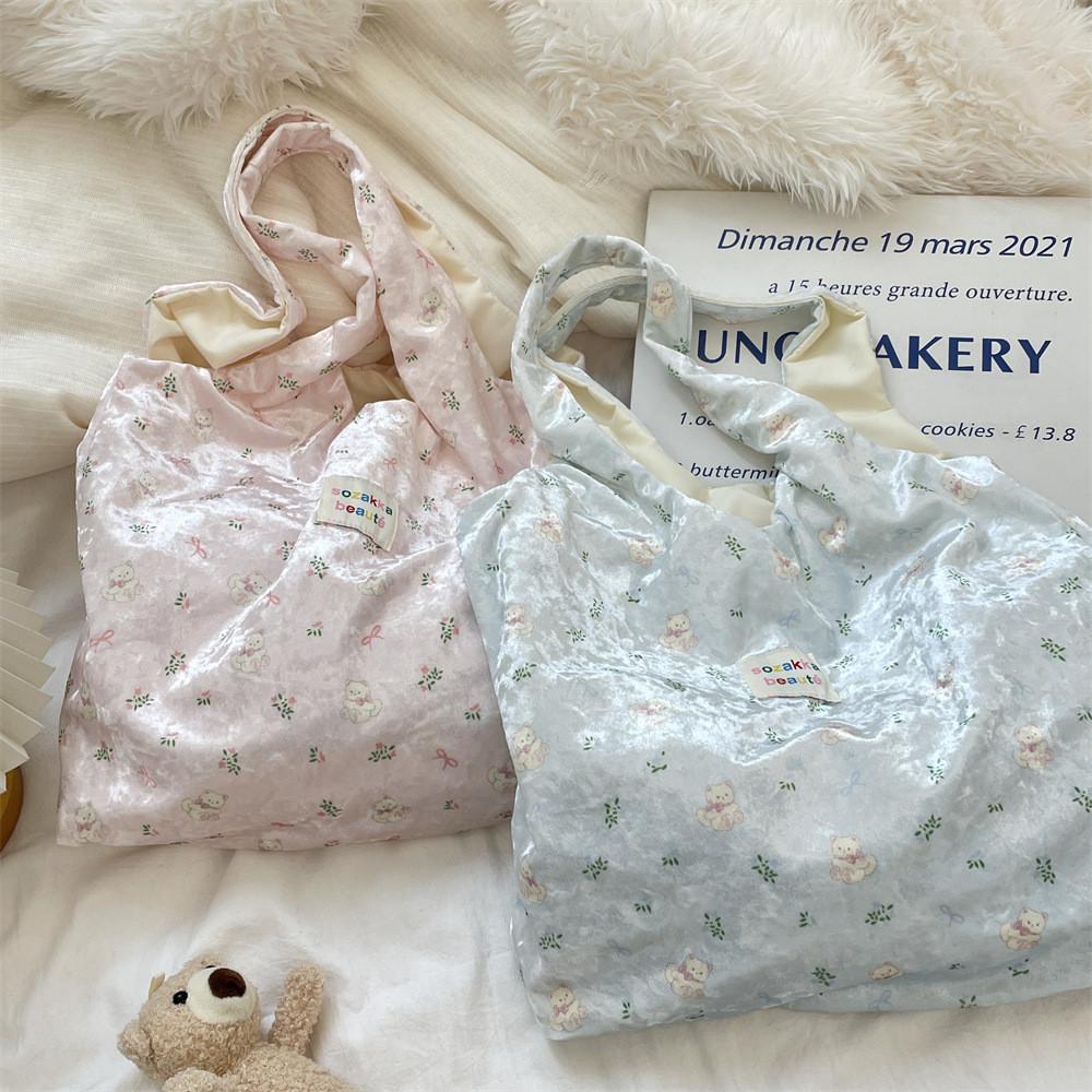 Fashionable Finish Pearl Bear Motif Silk Shoulder Bag With Spacious Design For Daily Outings