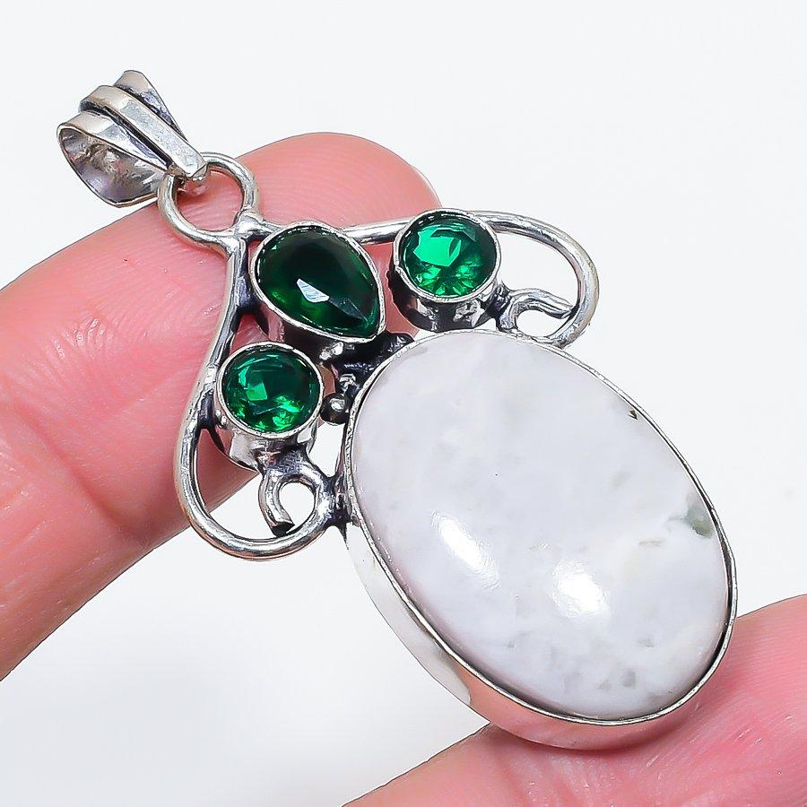 Natural Moonstone, Diopside 925 Sterling Silver Jewelry Pendant 2.17" O5o36