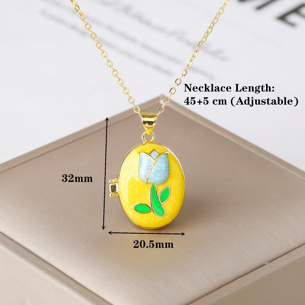 Openable Colorful Tulip Oval Photo Box Necklace Women's Gold Plated Chain Cute Flower Pendant Necklaces Trendy Jewelry For Girls