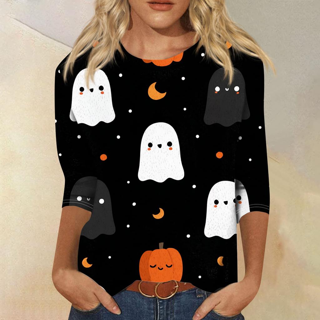 Women's Fashion Casual Round Neck Three-quarter Sleeve Halloween Printed T-shirt Top