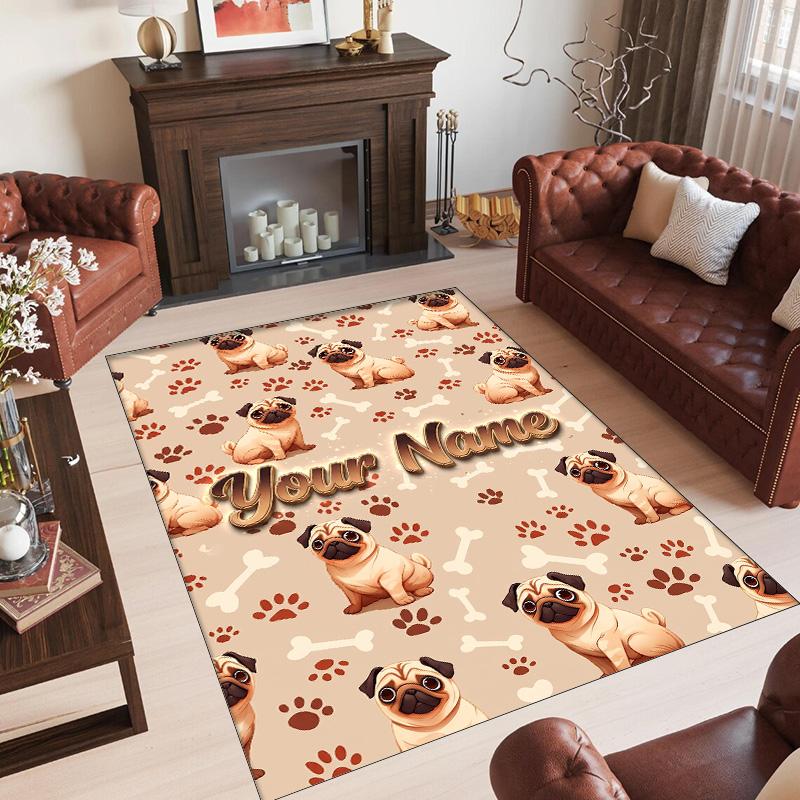 Pug Theme Crystal Velvet Floor Rug Personalized Custom Name Text Warm Carpet Home Decoration
