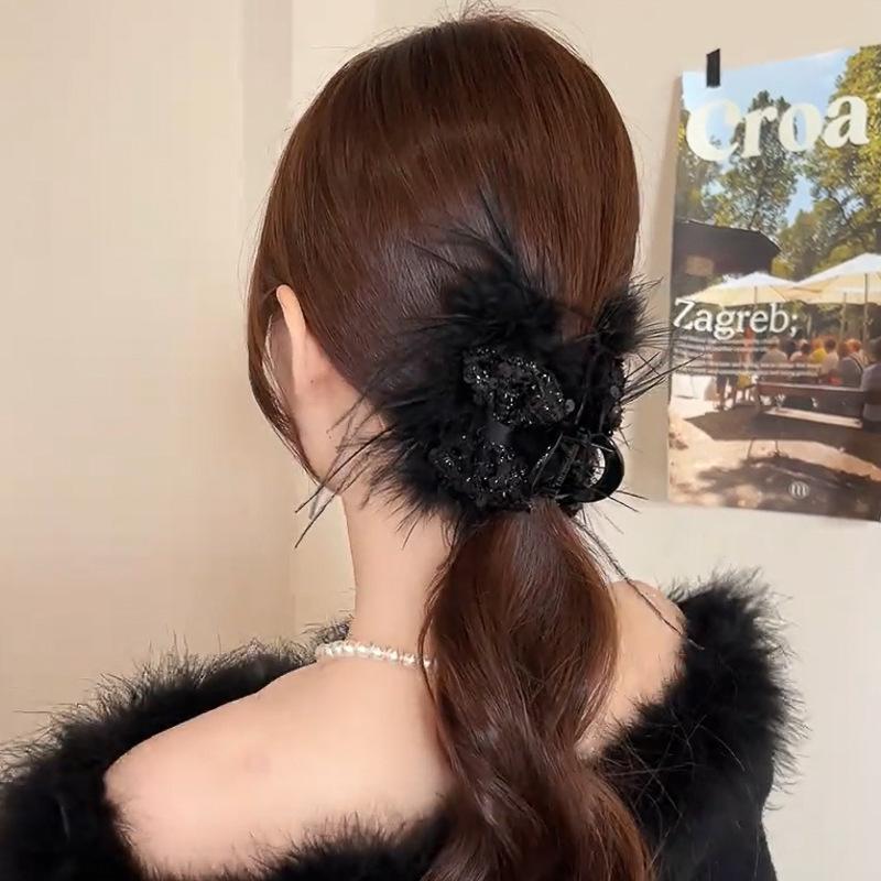 Bow sequined feather acrylic hair grab back of head shark clip fashion high-end hair accessories women